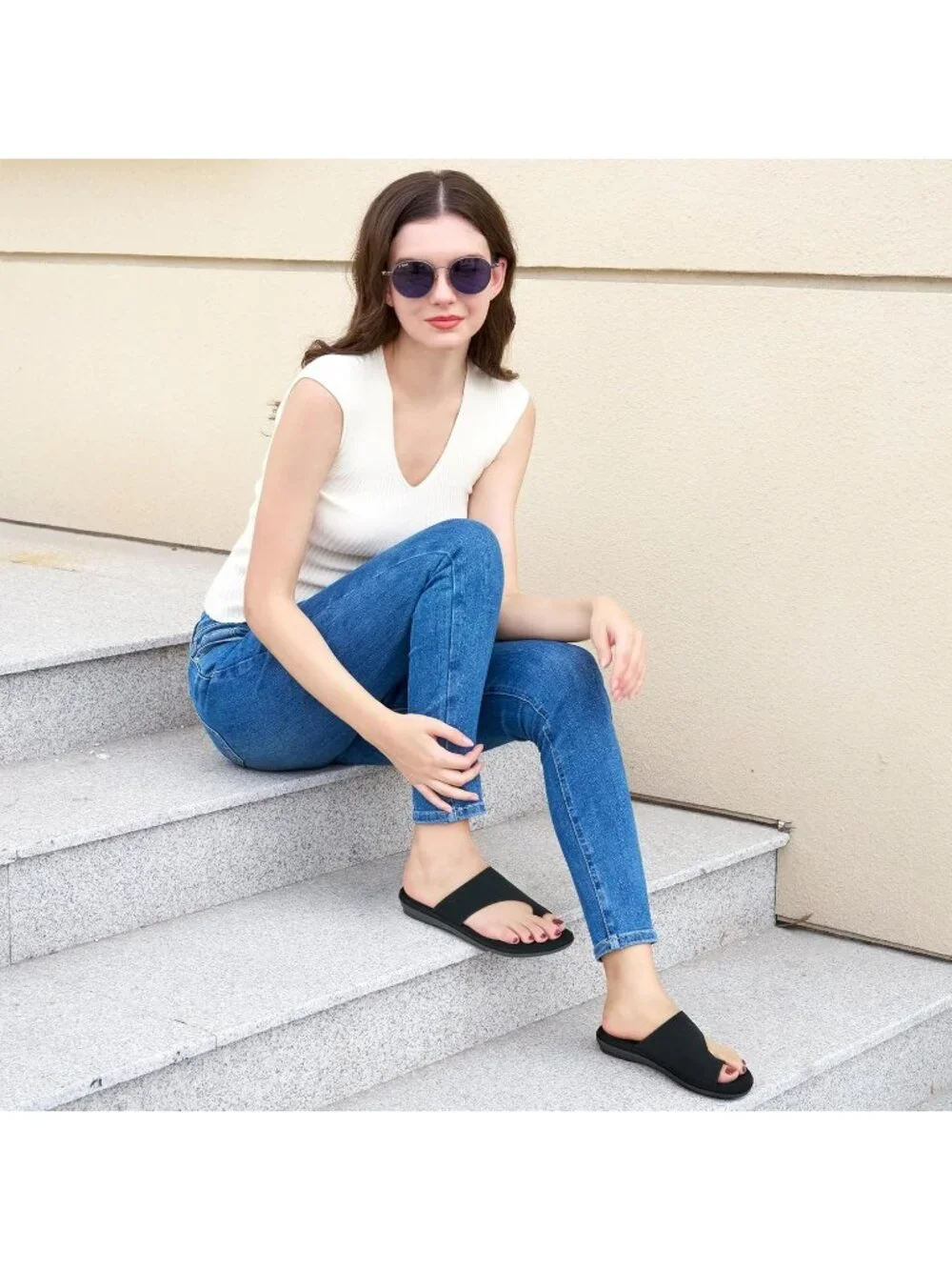 Women's All Black Flat Sandals Comfortable Walking Dressy Slides Casual Shoes